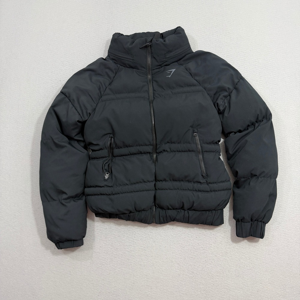 Gymshark Puffer Jacket Women Medium Black GLJK3577 Padded Quilted Full Zip